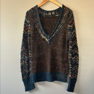 BKE Multicolor Loose Knit Deep V-Neck Henley Sweater Sz L‎